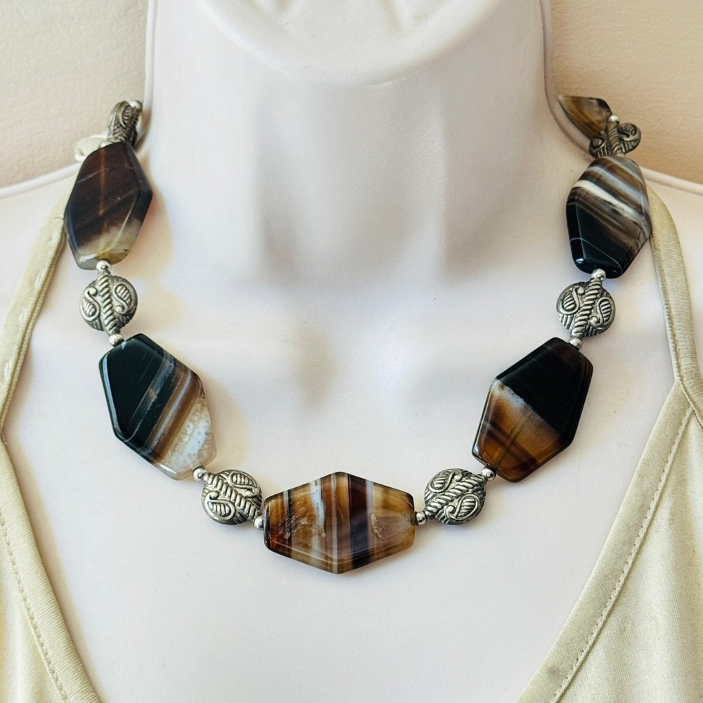 Boho Agate slice beads Gemstone Necklace silver toggle Beaded Collar Earthy 19"